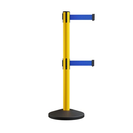 Montour Line Retractable Dbl Belt Rolling Stanchion, 2.5in YW Post  11' Blue Belt ES400D-YW-BL-110